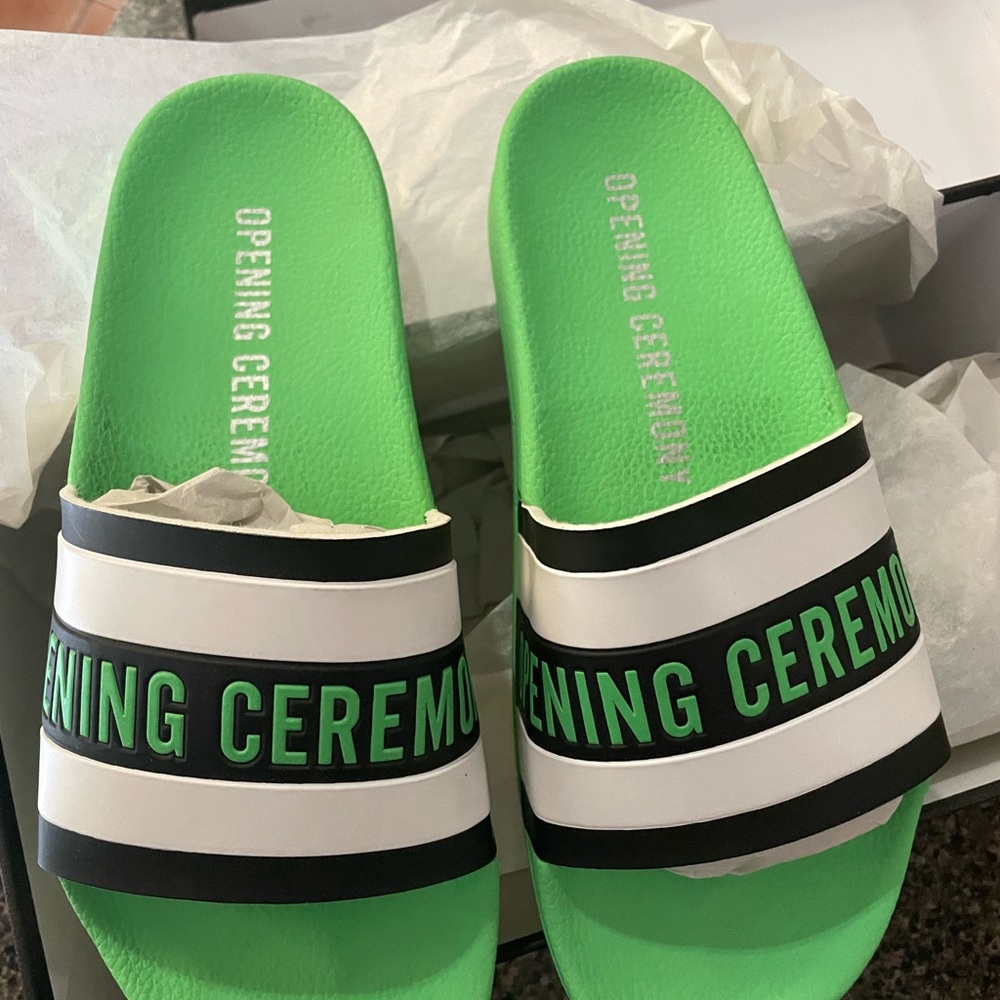 Opening Ceremony Neon Green Slides with Stripes
